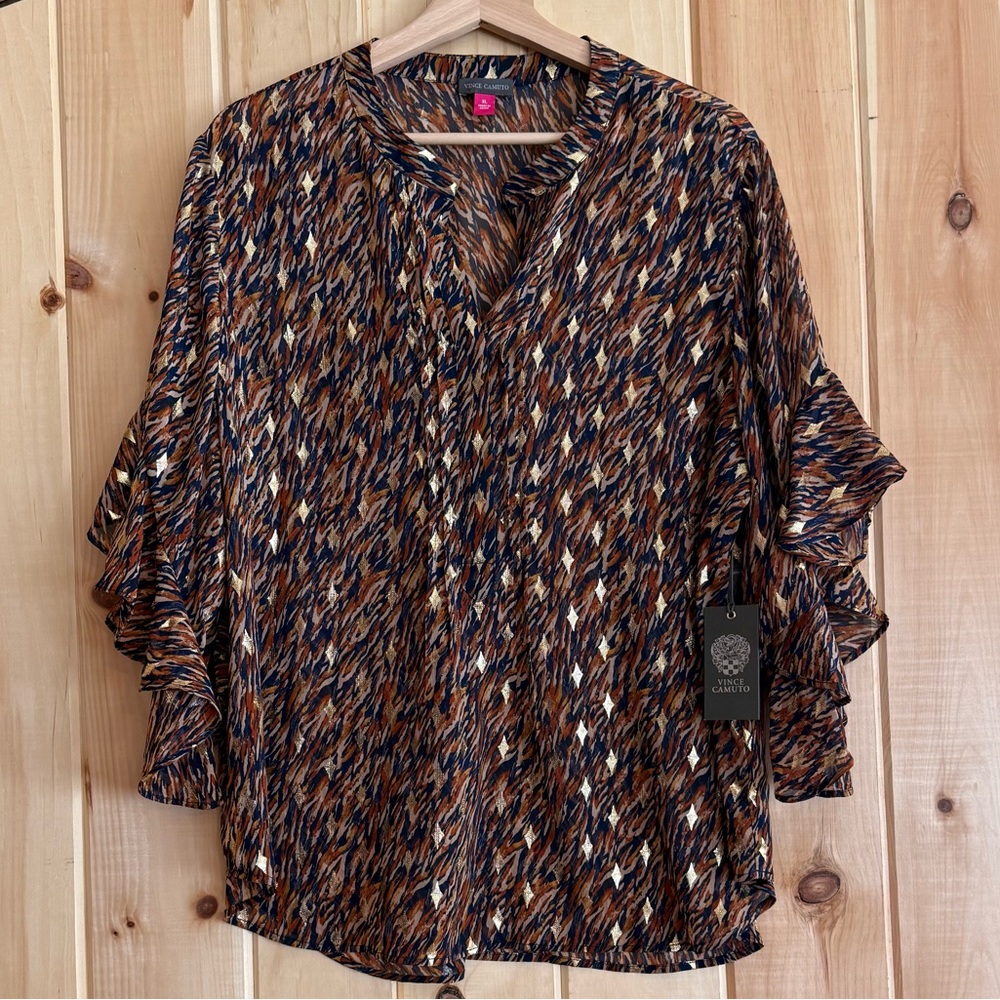 NWT Vince Camuto Ruffle Sleeve Sheer Blouse Gold Foil Diamond XL